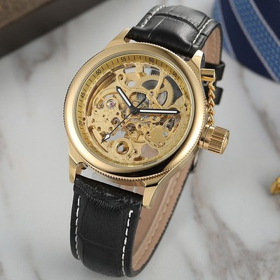 Forsining Skeleton Automatic Mechanical Watch Golden Leather Men's Wristwatch