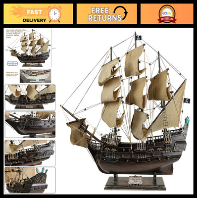 Wooden Pirate Ship Model 27'' - Black Pearl Design with Beige Sails, Nautical Dec