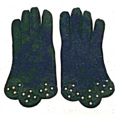 Vintage Ladies Dressy Black Suede Gloves White Rhinestones Hansen 6 Wrist Length