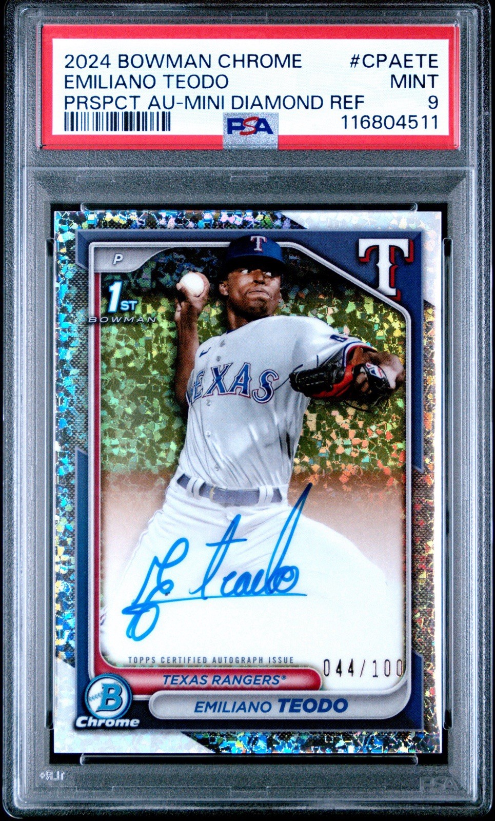 2024 Bowman Chrome Emiliano Teodo 1st Mini Diamond Auto 044/100 PSA 9 Rookie RC