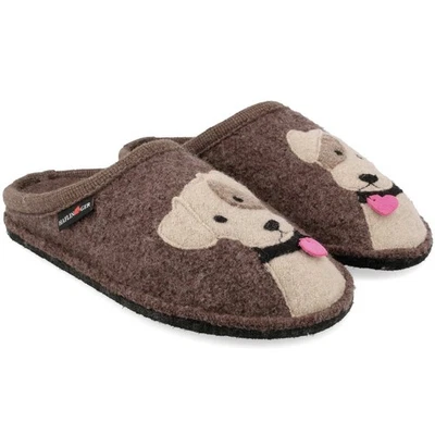 Haflinger Flair Rudi Damen Filz-Pantoffeln mit Hundemotiv Braunmeliert