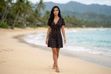 Black Cherry Print Wrap Dress Flowy Summer Beach Vacation Mini Dress Trendy Chic