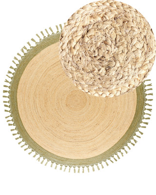 Boho Teppich Rund ø 200 cm Natürliche Jute Handgeflochten Beige und Grün Marts