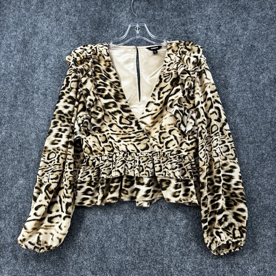 Express Leopard Blouse Tiered Ruffle Sheer Sleeves Women’s Medium Sexy Mob Wife