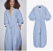 Zara NEW Women’s Cotton Striped Shirt Midi Dress With Tie Belt Size S /10 UK