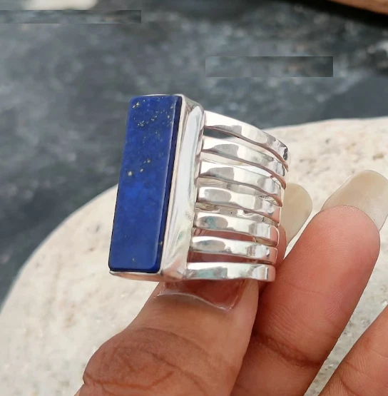 Handcrafted Rectangle Lapis Lazuli Ring: 925 Sterling Silver Ring All Size R345 - Image 2 of 3