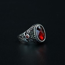 925 Sterling Silver Red Garnet Gemstone Men's Ring