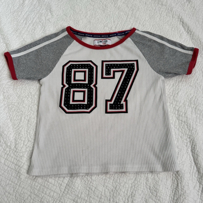 #ad Limited Too Raglan T Shirt L 12 14 White Gray Red 87 Graphic Ribbed Stretch $23.00