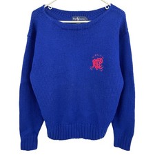 Vintage Ralph Lauren Blue 100 Wool Knit Sweater Golf Crest Logo Mens Large