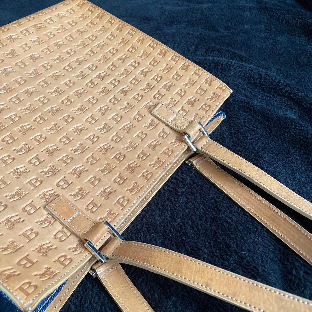 Burberry Blue Label Tote Bag Leather Denim Logo Embossed Handbag Black New thumbnail 14