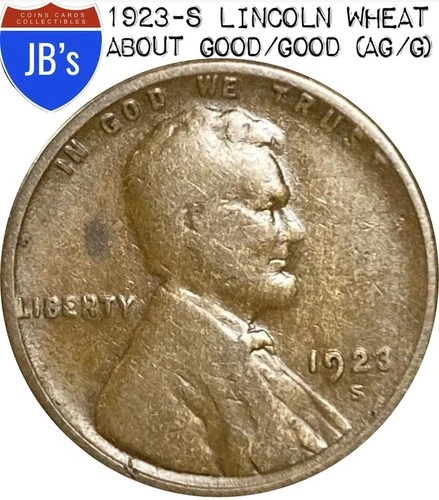 1923-S Lincoln Wheat Cent Penny 1c - About Good/Good (AG/G)