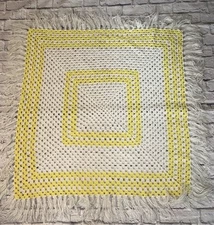 HANDMADE CROCHETED  38x39 AFGHAN THROW BLANKET Tassles Yellow White