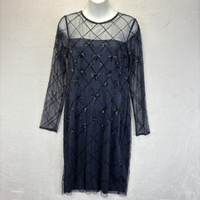 Papell Studio Beaded Mesh Formal Dress Womens 6 Navy Blue Long Sleeve Holiday