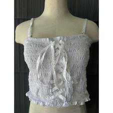 White Smocked Lace Up Festival Coquette Crop Top Adjustable Straps Size Large