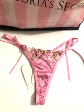 VS For Love Lemons Sequin Embroidered Rose Pink Floral String Thong Panty NWT