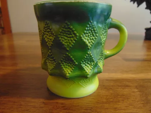 Vintage Anchor Hocking Fire King Green Coffee Cup Mug Kimberly Diamond Pattern