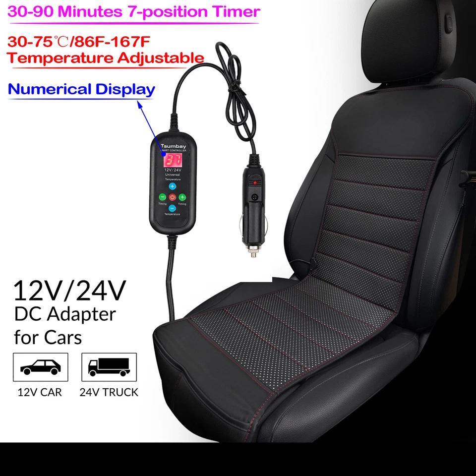 Cojín universal para funda de asiento de coche térmico 12V 24V calentador almohadilla de invierno negro Foto 2 de 4