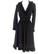 Vtg Victor Costa ruffled black Long Sleeve Midi dress 1970s Women 6 V Neck