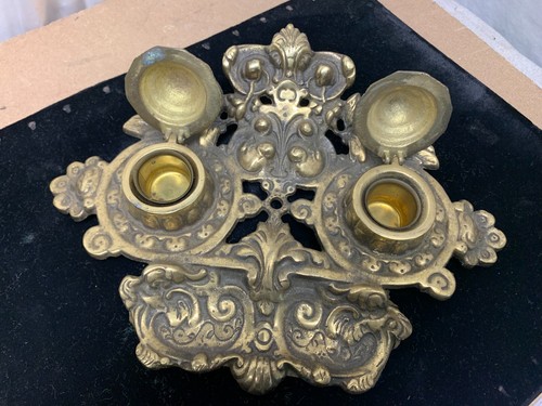 Antike Jugendstil Doppelschale 10,5" prächtig verziert Messingguss Tintenfass - Bild 4 von 10