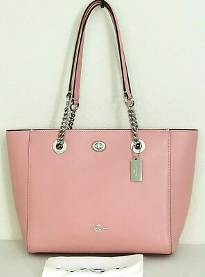 🌞COACH NY 57107 TURNLOCK SILVER CHAIN PEONY PINK LEATHER SHOULDER