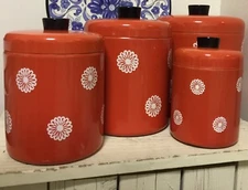 Vintage Enterprise Aluminum 4 Piece MCM Canister Set USA Red White Floral Retro