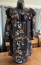 Urban Romantics Floral Striped Off Shoulder Dress Sz Sm EUC Boho Mod Bell Sleeve