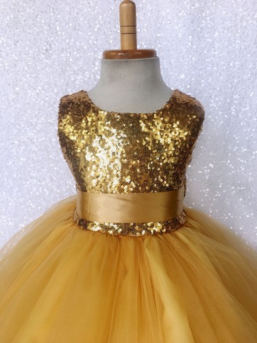 Sleeveless Mini Sequin Gold 2 Layer Tulle Junior Dress Wedding Flower Girl Party - Picture 19 of 35