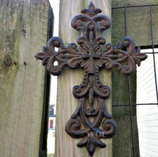 Metal Work Rustic Cast Iron Hanging Fleur De Lis Christ Cross Symbol Art Plaque