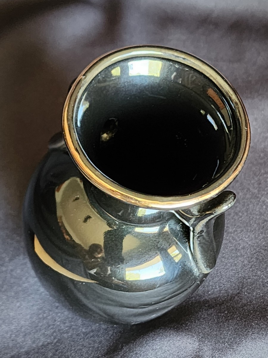 Vintage Black Vase with Gold Flowers 5” tall Made in Japan