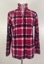Eddie Bauer Pullover Fleece Top Berry Pink Plaid Midweight 1/4 Zip Womens Medium