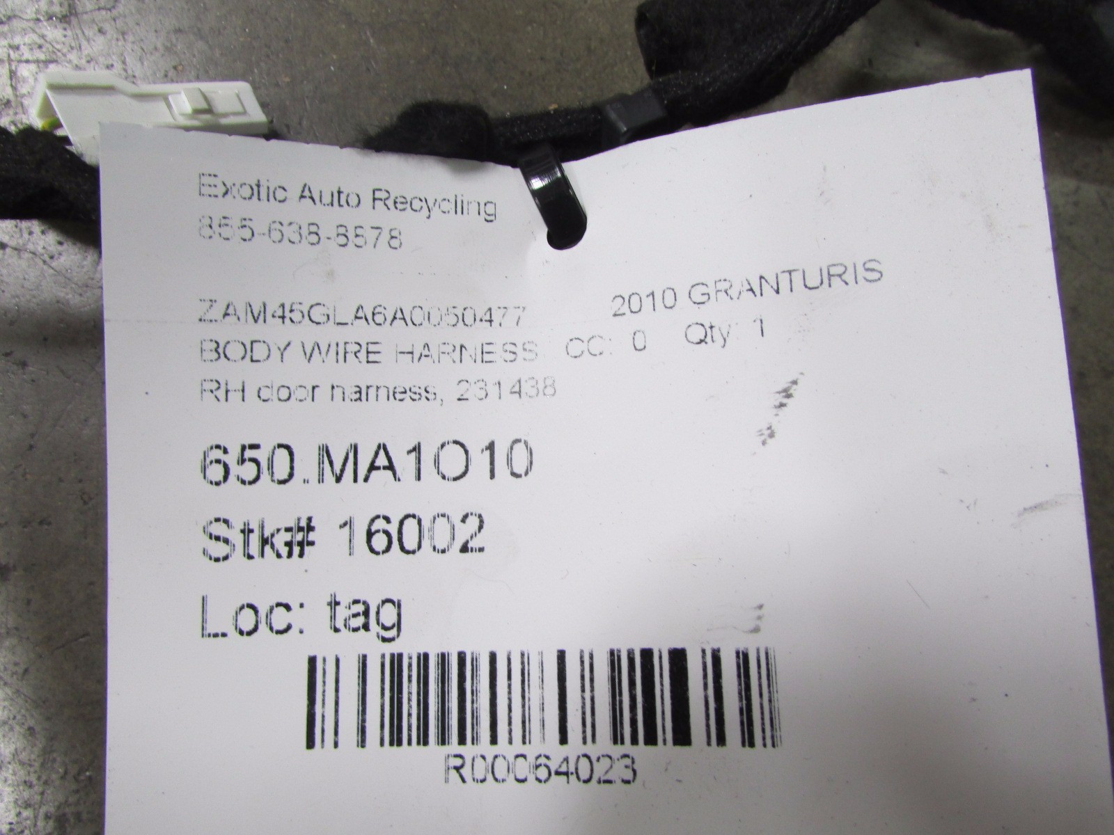 Maserati Granturismo RH, Right Door Wire Harness, Used, P/N 231438