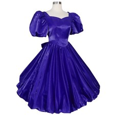 Vintage 80s Blue Purple Satin Bubble Skirt Puff Sleeves Prom Gown Party Dress S
