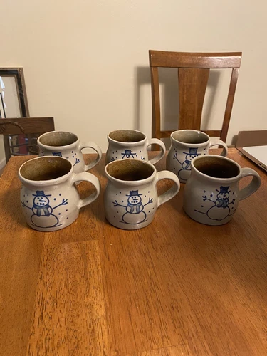 (6) BBP Beaumont Brothers Salt Glazed Pottery Mini Crock Mug W/Snowman 4”
