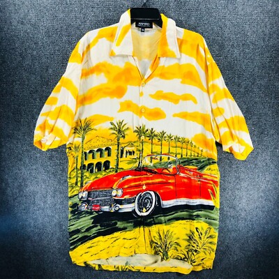 Kamro Hawaiian Shirt Mens 2XL Yellow Button Up Vintage Red Cadillac Double Sided
