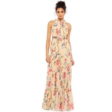 IEENA for Mac Duggal Floral Pleated Tiered Halter Maxi Gown Peach Size 0 70203