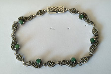 BRACELET VINTAGE ARGENT MASSIF ÉMERAUDES MARCASSITES style Art Déco