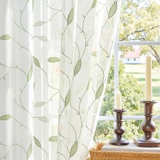 Embroidered Sheer Curtains Floral Leaf White Sheer Curtain for Bedroom Living...