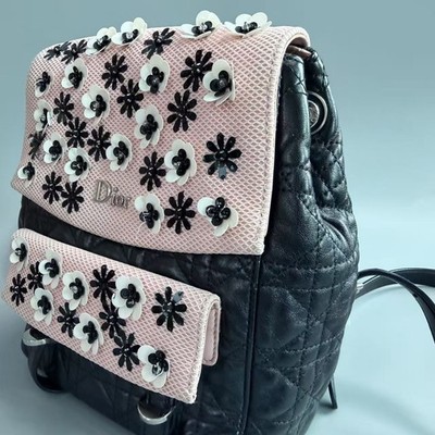 Dior Mini Cannage Backpack Black Lambskin Pink Floral Embellished