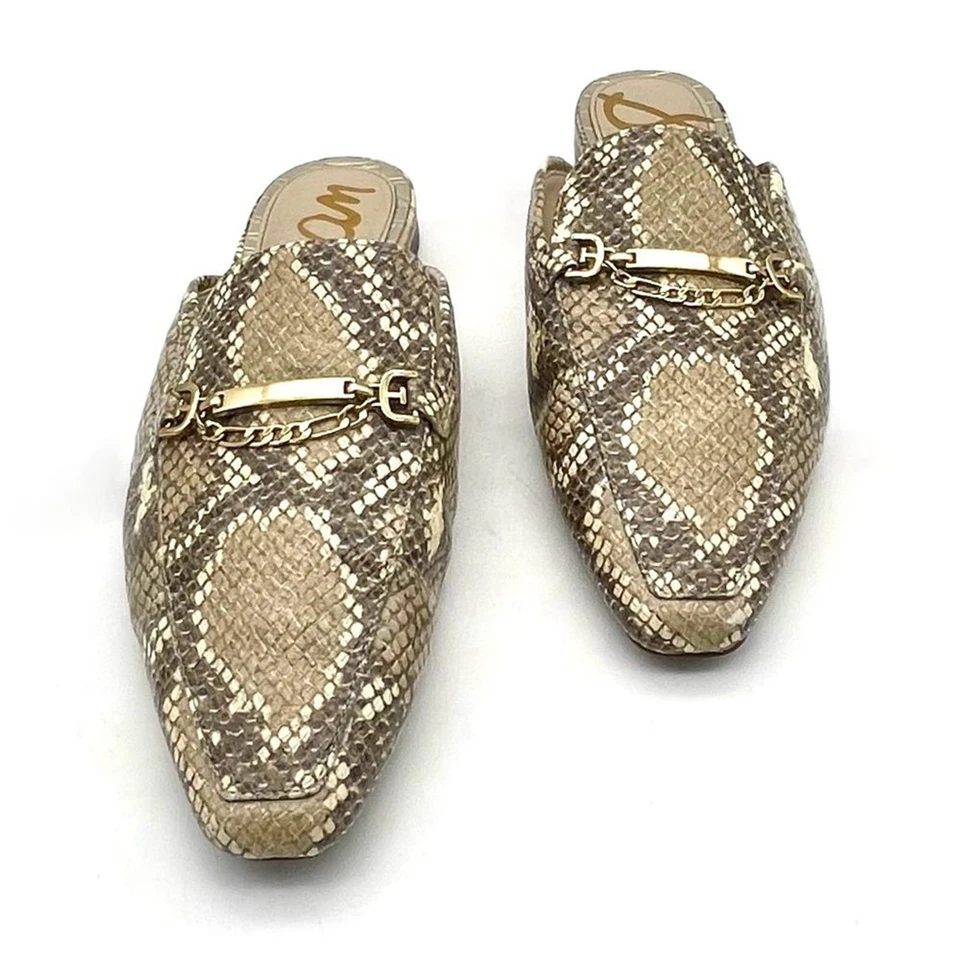 Sam Edelman Evelan 链条乐福鞋骡子小麦多皮革蛇皮印花 9 码 — 第 4/4 张图片
