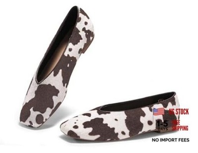 Womens Ballet Flats Comfortable Closed Square Toe Flats 7.5 Cow Print Coffee