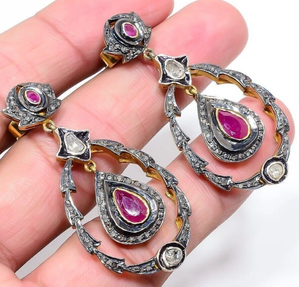 Natural Teardrop Ruby Earrings 925 Silver Gold Polki & Pave Diamond Earrings - Image 2 of 4