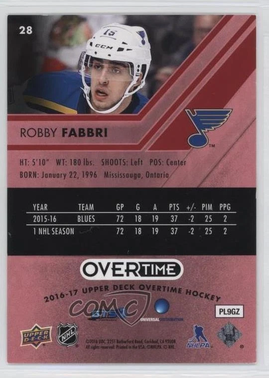 2016-17 Upper Deck Overtime Red Foil /99 Robby Fabbri #28 - Image 2 of 2