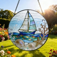 Sailboat Beach Coastal Stained Glass  Seascape Glass Handma