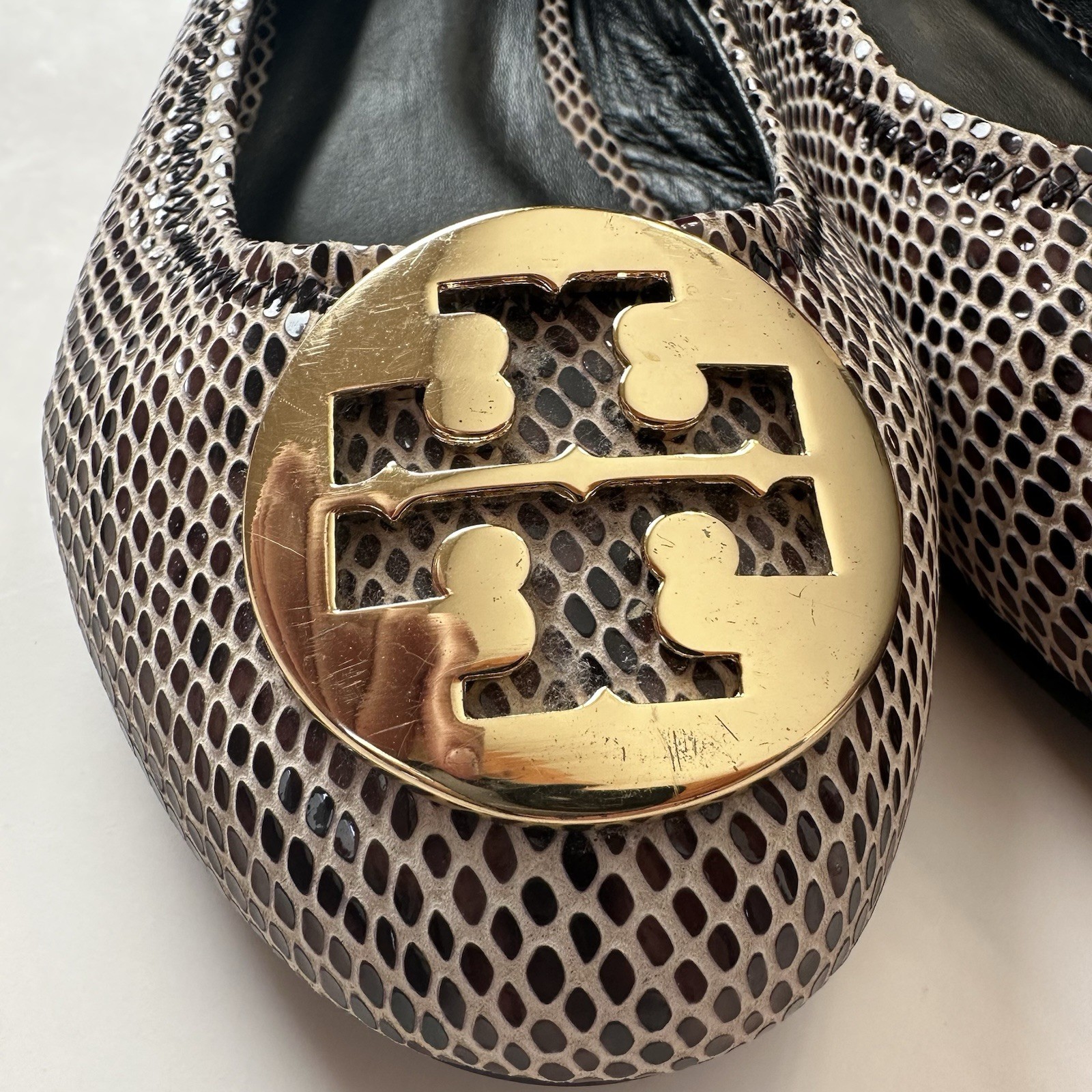 Tory Burch Ballet Flats Womens Gold Snake Print Leather Upper Shoes Size 7 M *R* thumbnail 10