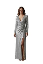 Nicole Bakti Silver Sequin Low Cut Gown Size 12 Worn Once. Excellent Condition