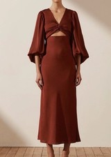 Shona Joy Luxe Twist Front Balloon Sleeve Midi Dress in Sangria Size 8