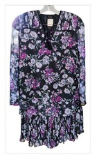 1980s DIANE FREIS ORIGINAL GEORGETTE Purple And Black Floral Poly Skirt Set XL
