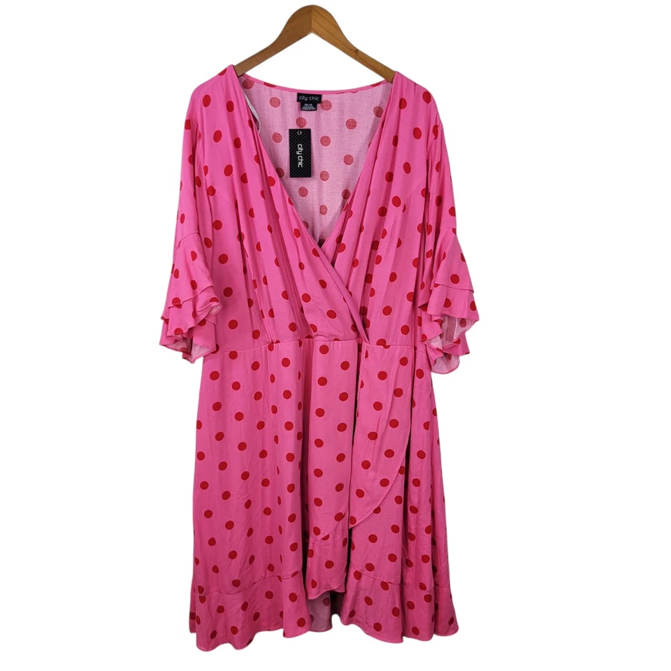 NEW City Chic Plus 24 24W Wrap Top Dress Pink Polkadot Ruffle Sleeve Romantic  - Image 2 of 4