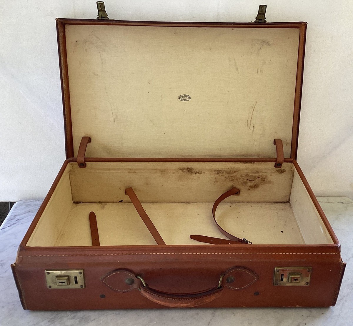 Antique Vintage BROOKS BROTHERS Brown Leather Hard Case Luggage