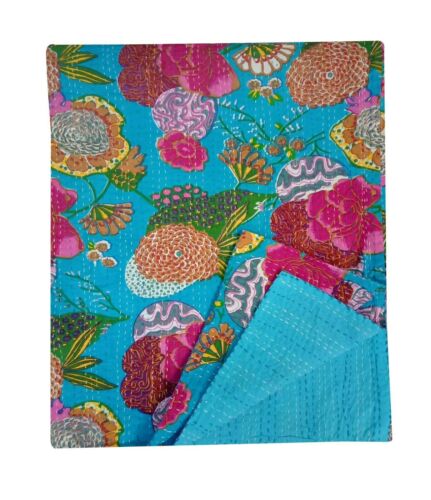Handmade Floral Kantha Embroidery Queen Blanket Throw Indian Bedspread
